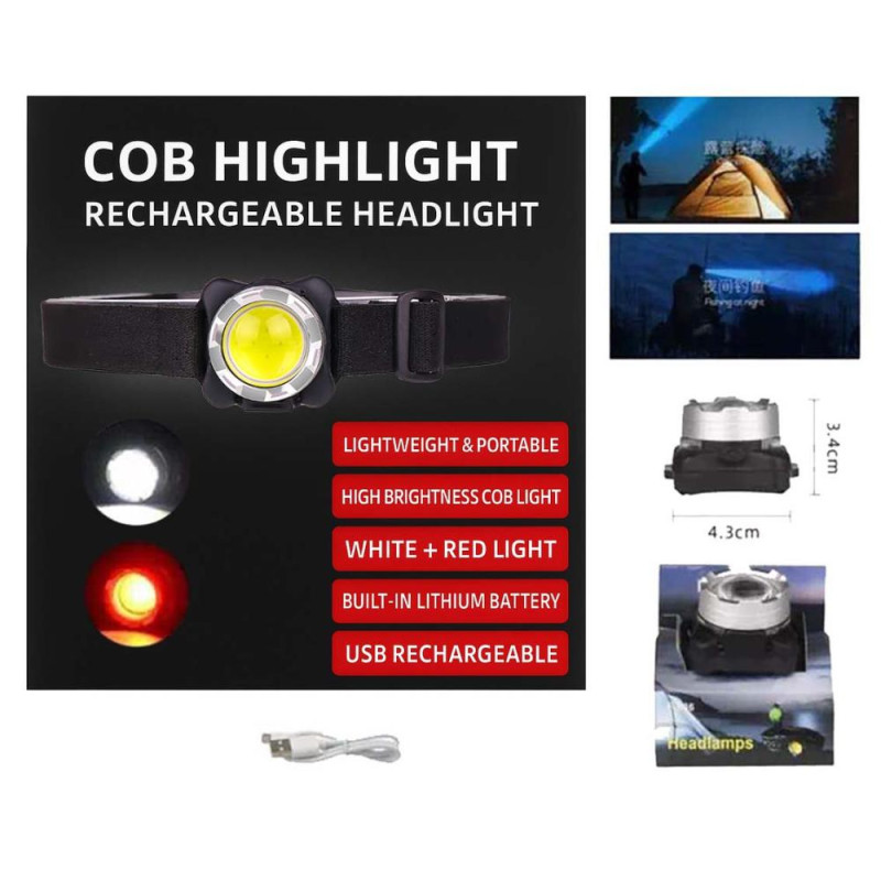 Ліхтар налобний BL-F006-COB(White+Red), ЗУ Type-C, Li-Ion акумулятор, Box