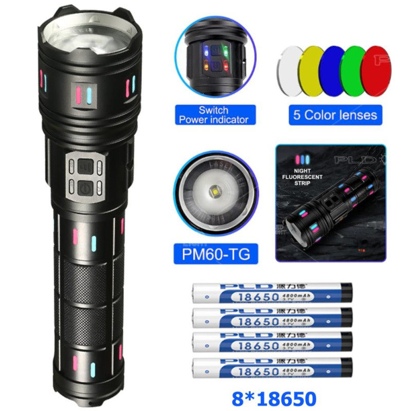 Фонарь NIGHT VISION FLUORESCENCE AK177-WHITE LASER LED PM60-TG, 8x18650 3.7V, power bank, ЗУ Type-C, zoom, 5 фильтров