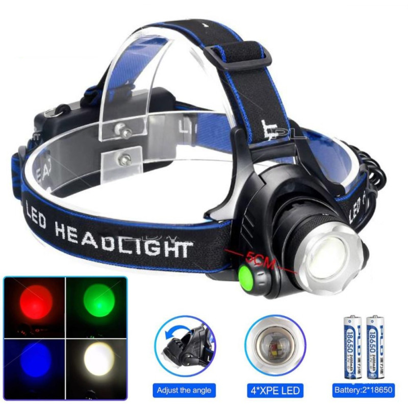 Ліхтар налобний PLD-V9-F-4XPE(RGB), 2x18650, ЗУ Type-C, zoom, Box