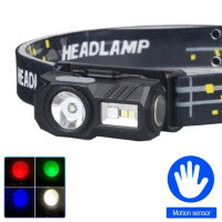 Ліхтар налобний T131-XPE+3SMD(red+green+blue+UV), Motion Sensor, Li-Ion акумулятор, магніт, кліпса, ЗУ Type-C, Box