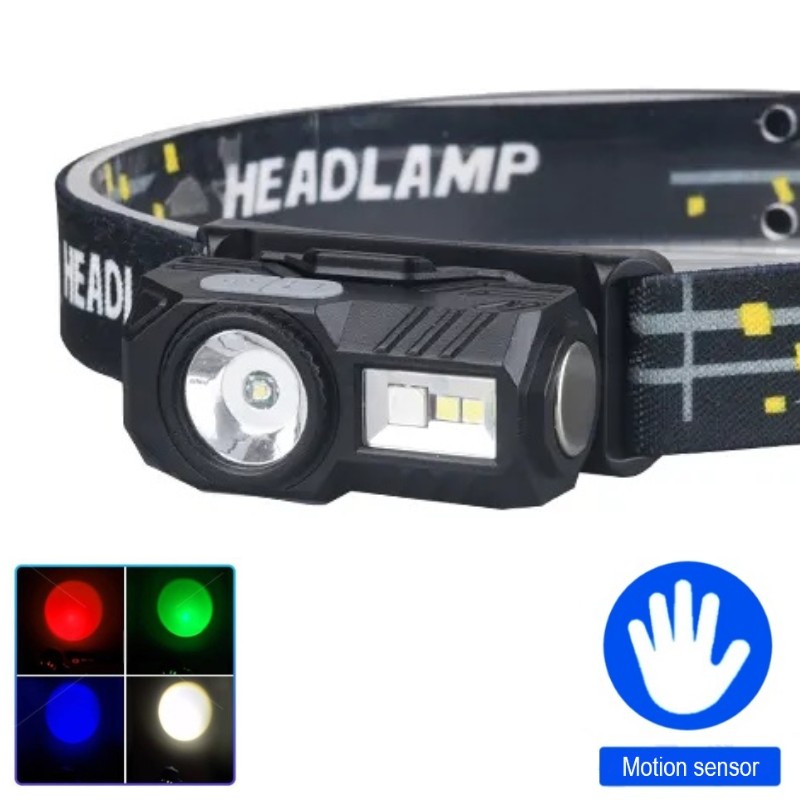 Ліхтар налобний T131-XPE+3SMD(red+green+blue+UV), Motion Sensor, Li-Ion акумулятор, магніт, кліпса, ЗУ Type-C, Box