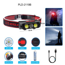 Ліхтар Налобний PLD-2119B-XPE+2COB White+Red 1х18650 ЗП Type-C Box