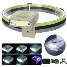 Ліхтар Налобний W6129-XPE+COB+8RGB Motion Sensor Li-Ion Акумулятор Індикація Заряду Кліпса ЗП Type-C Чохол