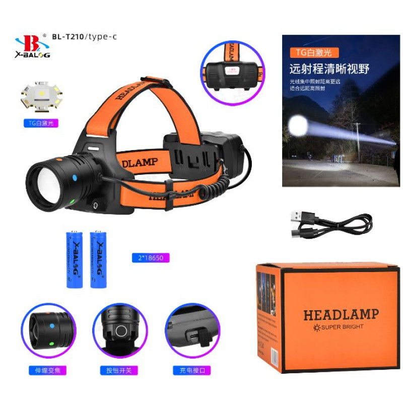 Ліхтар налобний NIGHT VISION FLUORESCENCE BL-T210-TG, 2x18650, 1 режим, ЗУ Type-C, zoom