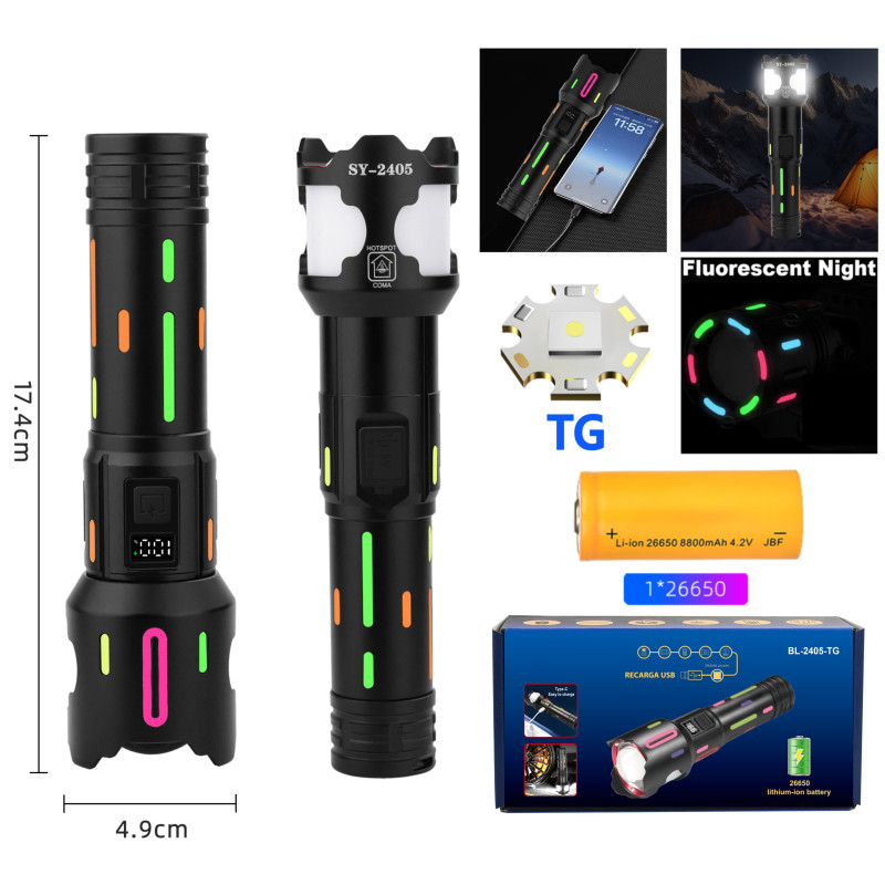 Фонарь NIGHT VISION FLUORESCENCE BL-2405-TG, 1x18650, power bank, индикация заряда, ЗУ Type-C, zoom
