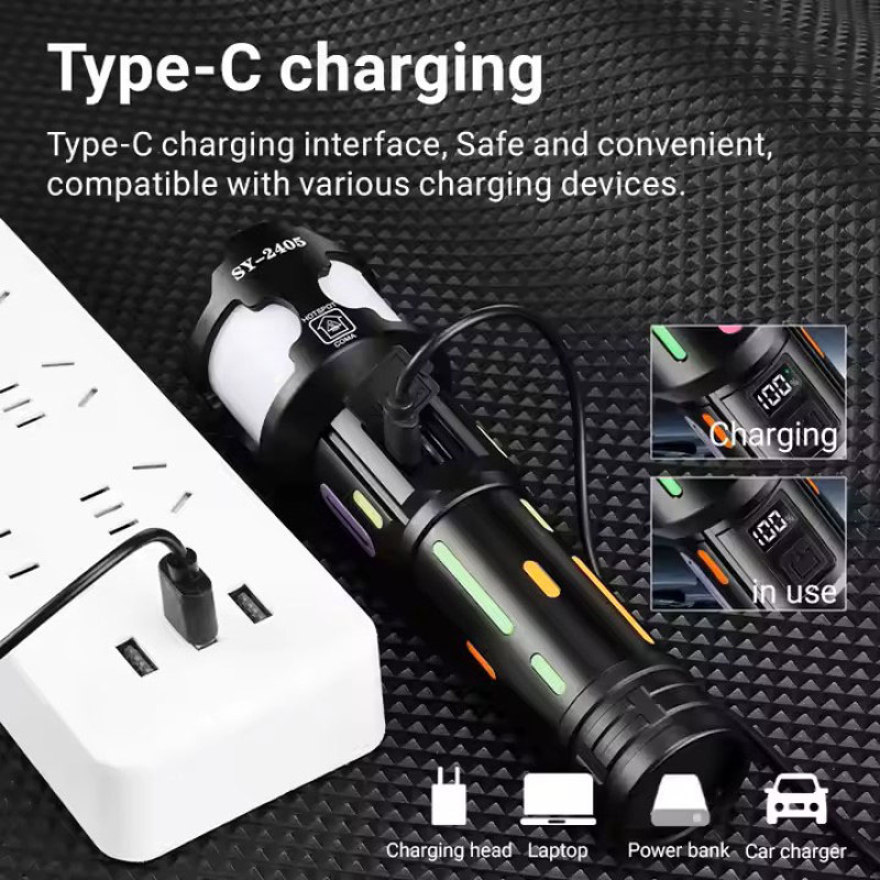 Фонарь NIGHT VISION FLUORESCENCE BL-2405-TG, 1x18650, power bank, индикация заряда, ЗУ Type-C, zoom