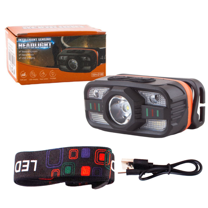Фонарь налобный WH-0188-XPE+SMD(white+red), Motion Sensor, Li-Ion аккумулятор, ЗУ Type-C