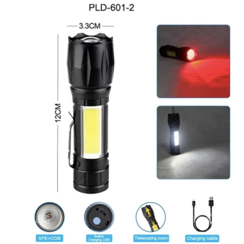 Ліхтар W601-XPE(red)+COB(white), Li-Ion акумулятор, ЗУ microUSB, zoom, Box