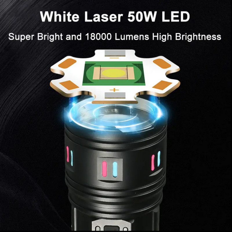 Фонарь NIGHT VISION FLUORESCENCE AK177-WHITE LASER LED PM60-TG, 8x18650 3.7V, power bank, ЗУ Type-C, zoom, 5 фильтров