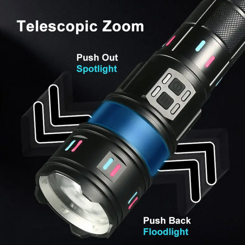 Фонарь NIGHT VISION FLUORESCENCE AK177-WHITE LASER LED PM60-TG, 8x18650 3.7V, power bank, ЗУ Type-C, zoom, 5 фильтров