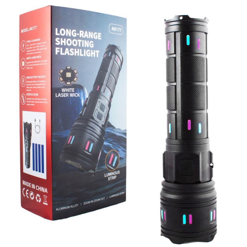 Фонарь NIGHT VISION FLUORESCENCE AK177-WHITE LASER LED PM60-TG, 8x18650 3.7V, power bank, ЗУ Type-C, zoom, 5 фильтров