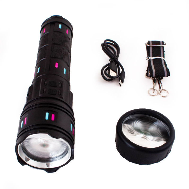 Фонарь NIGHT VISION FLUORESCENCE AK177-WHITE LASER LED PM60-TG, 8x18650 3.7V, power bank, ЗУ Type-C, zoom, 5 фильтров