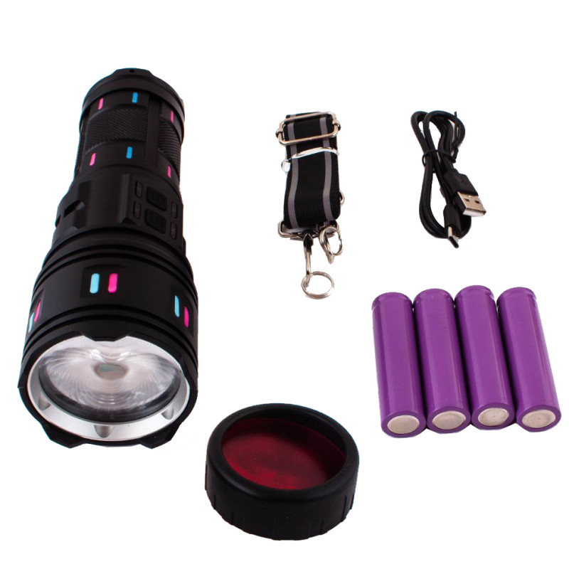 Фонарь NIGHT VISION FLUORESCENCE AK177-1 WHITE LASER LED PM60-TG, 4х18650, power bank, индикация заряда, ЗУ Type-C, zoom, 5 фильтров