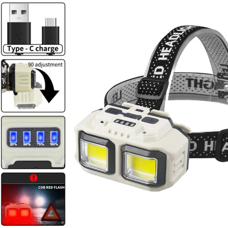 Ліхтар налобний HX-816-2COB(white+red), Waterproof, 1x18650, ЗП Type-C, Box