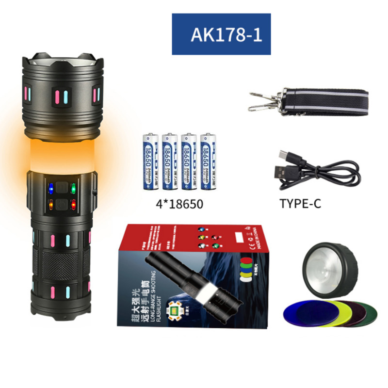 Фонарь NIGHT VISION FLUORESCENCE AK178-1-WHITE LASER LED PM60-TG+COB, 4x18650, power bank, ЗУ Type-C, zoom, 5 фильтров