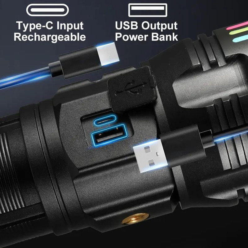 Фонарь NIGHT VISION FLUORESCENCE AK178-1-WHITE LASER LED PM60-TG+COB, 4x18650, power bank, ЗУ Type-C, zoom, 5 фильтров
