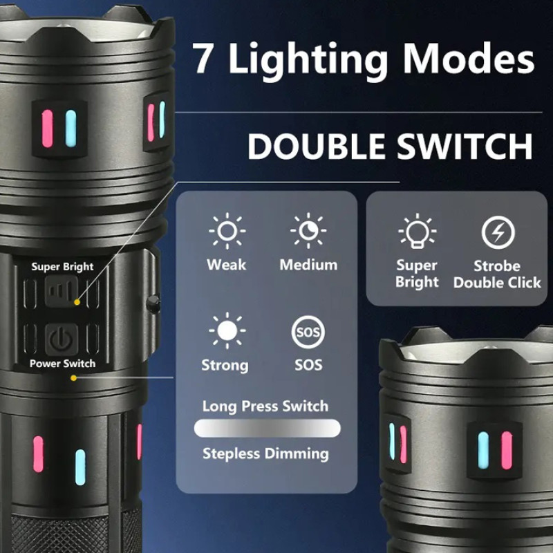 Фонарь NIGHT VISION FLUORESCENCE AK178-1-WHITE LASER LED PM60-TG+COB, 4x18650, power bank, ЗУ Type-C, zoom, 5 фильтров