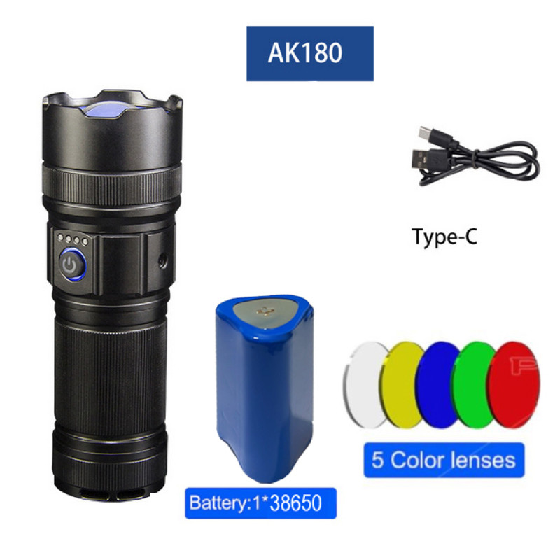 Фонарь AK180 WHITE LASER LED PM30-TG, 1х38650, power bank, ЗУ Type-C, zoom, 5 фильтров