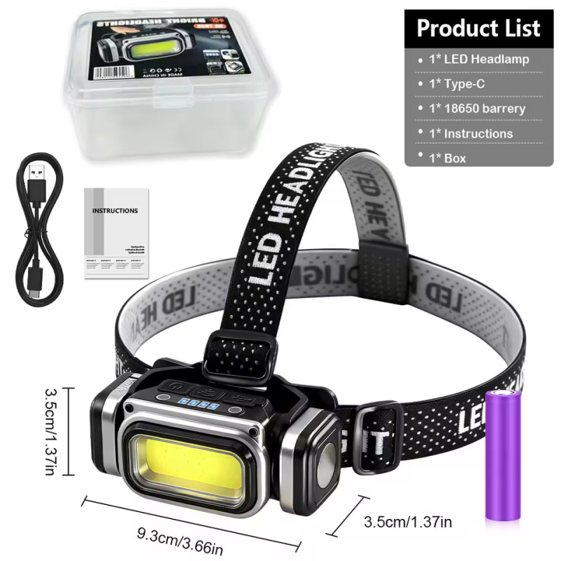 Ліхтар налобний HX-T80S-COB(White+Red), Motion Sensor, Waterproof, 1x18650, ЗУ Type-C, магніт, Box