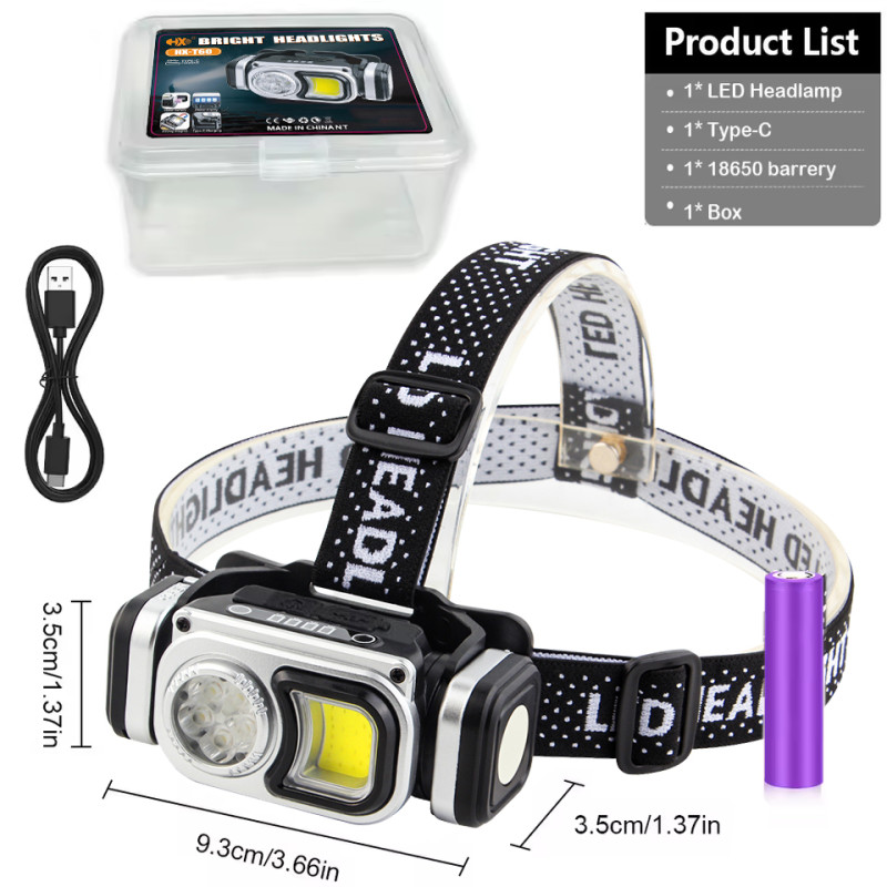 Ліхтар налобний HX-T60-5SMD+COB(White+Red+Blue), Waterproof, 1x18650, ЗУ Type-C, магніт, Box